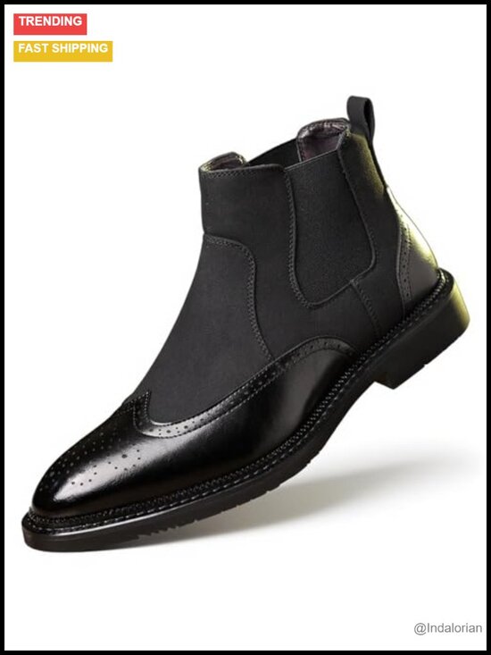 Men\'s Brogue Wingtip Chelsea Ankle Boots PU Leather Pointed Toe Slip-On Dress